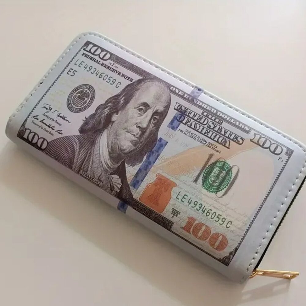 Money Print Wallet $100 Bill Zip Around Clutch Card Organizer Unisex - Picture 5 of 7